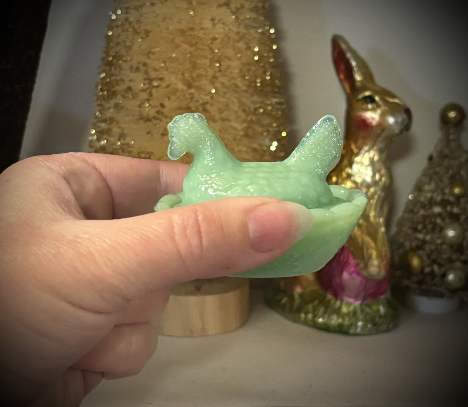 TINY Jadeite Green Glass Chicken Hen on Nest set only 2 1/2" EXC COND