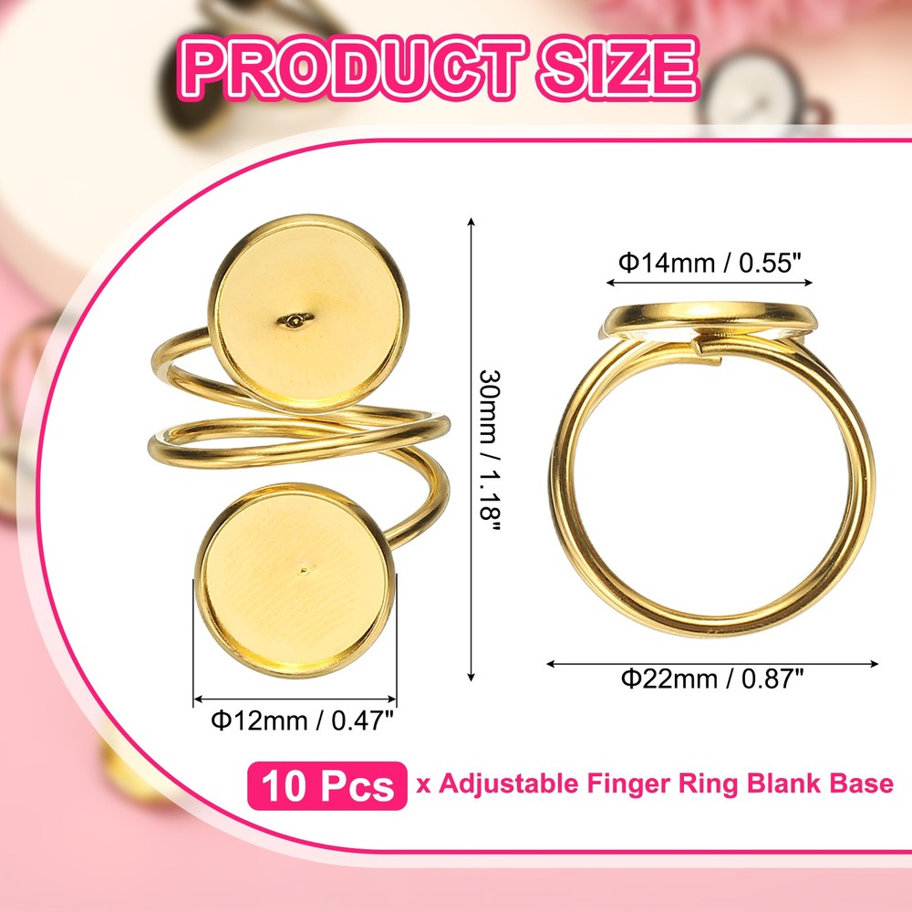 Ring Blank, 10 Pcs Adjustable Finger Ring Blank Base 12mm, Gold