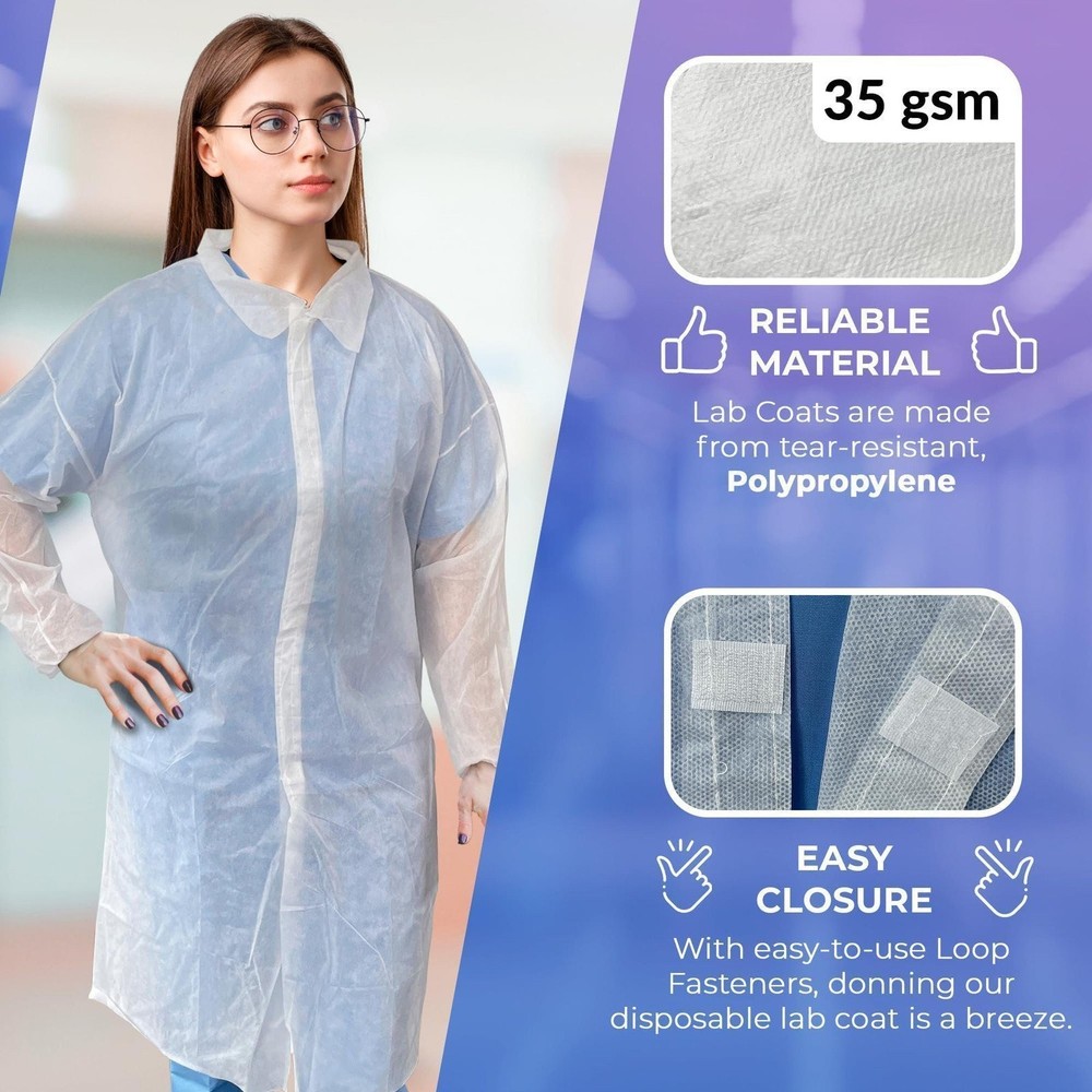 White Disposable Lab Coats Polypropylene PPE Elastic Wrists 5 Count X-Large