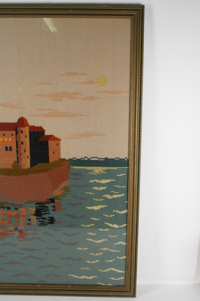 Needlepoint Mid Century Modern Boho Seaside Castle Framed Realism Needlepoint