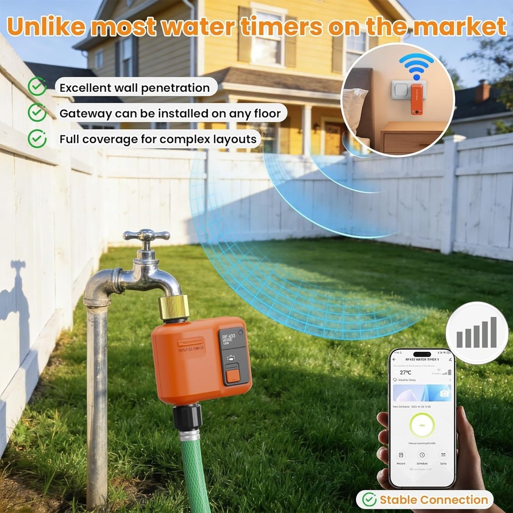 WiFi Garden Water Timer 984ft Range App Voice Control Rain Delay