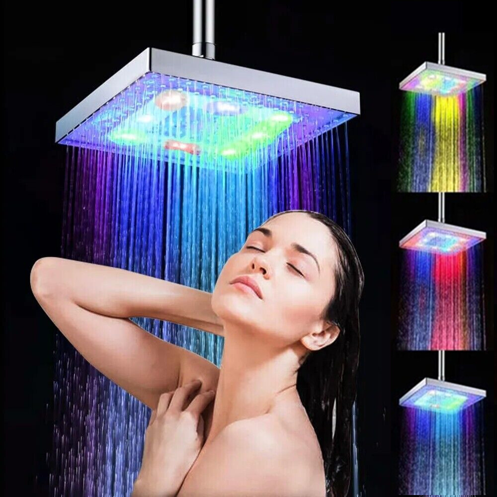 8 inch Rain Shower Head High Flow Rainfall Square 7 Colors Automatic Changing