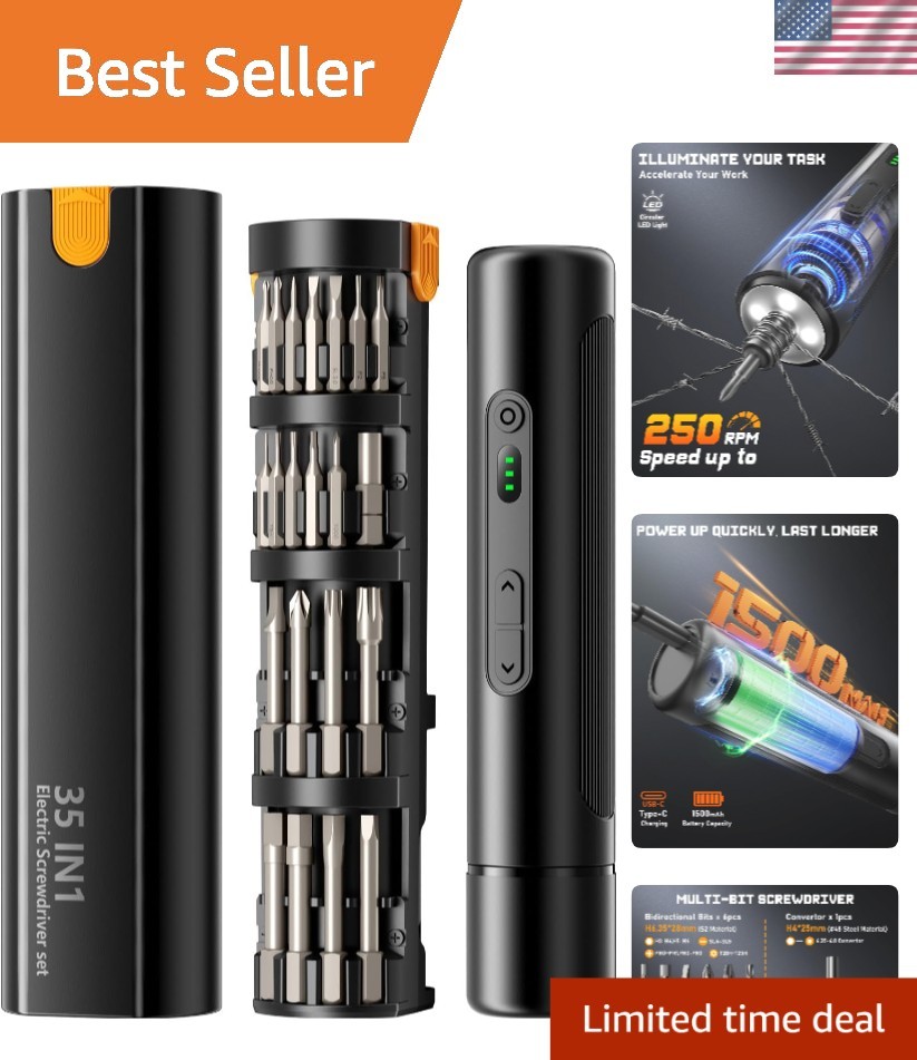 Compact Electric Screwdriver with Forward/Reverse Function & Heavy-Duty Bits