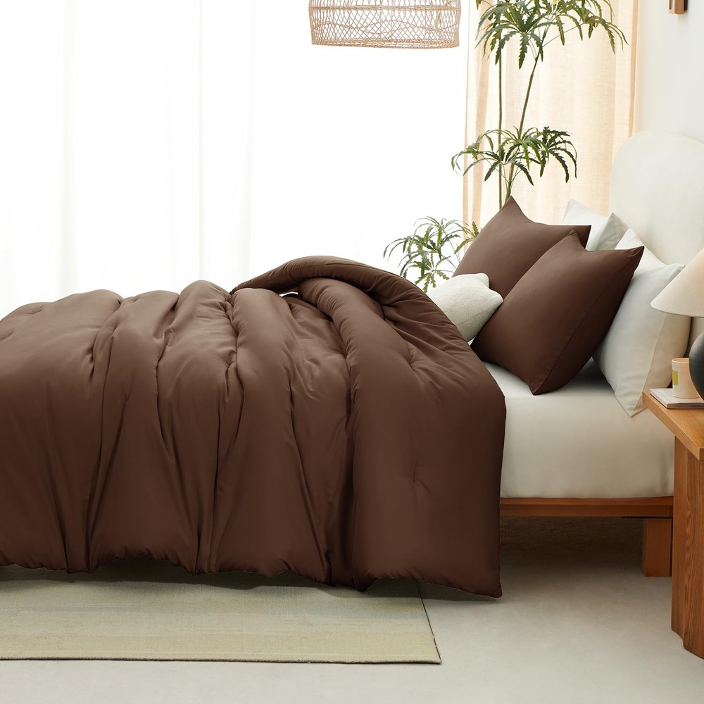 Queen Comforter Set Brown, 3 Pieces Solid Comforters Queen Size Breathable Qu...