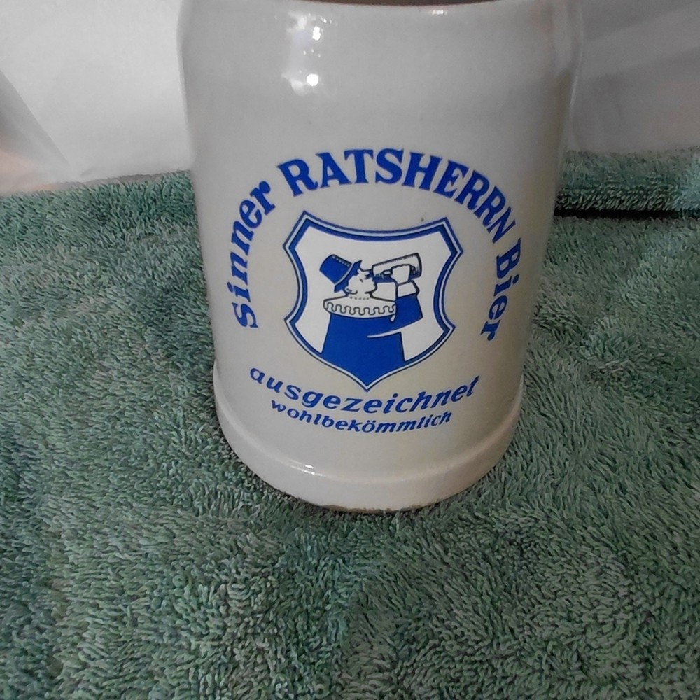 White Ceramic Beer Stein with Blue Crest
