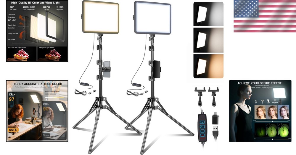Compact LED Light Panel Kit - 2-Pack with Adjustable Tripod & Brightness Control