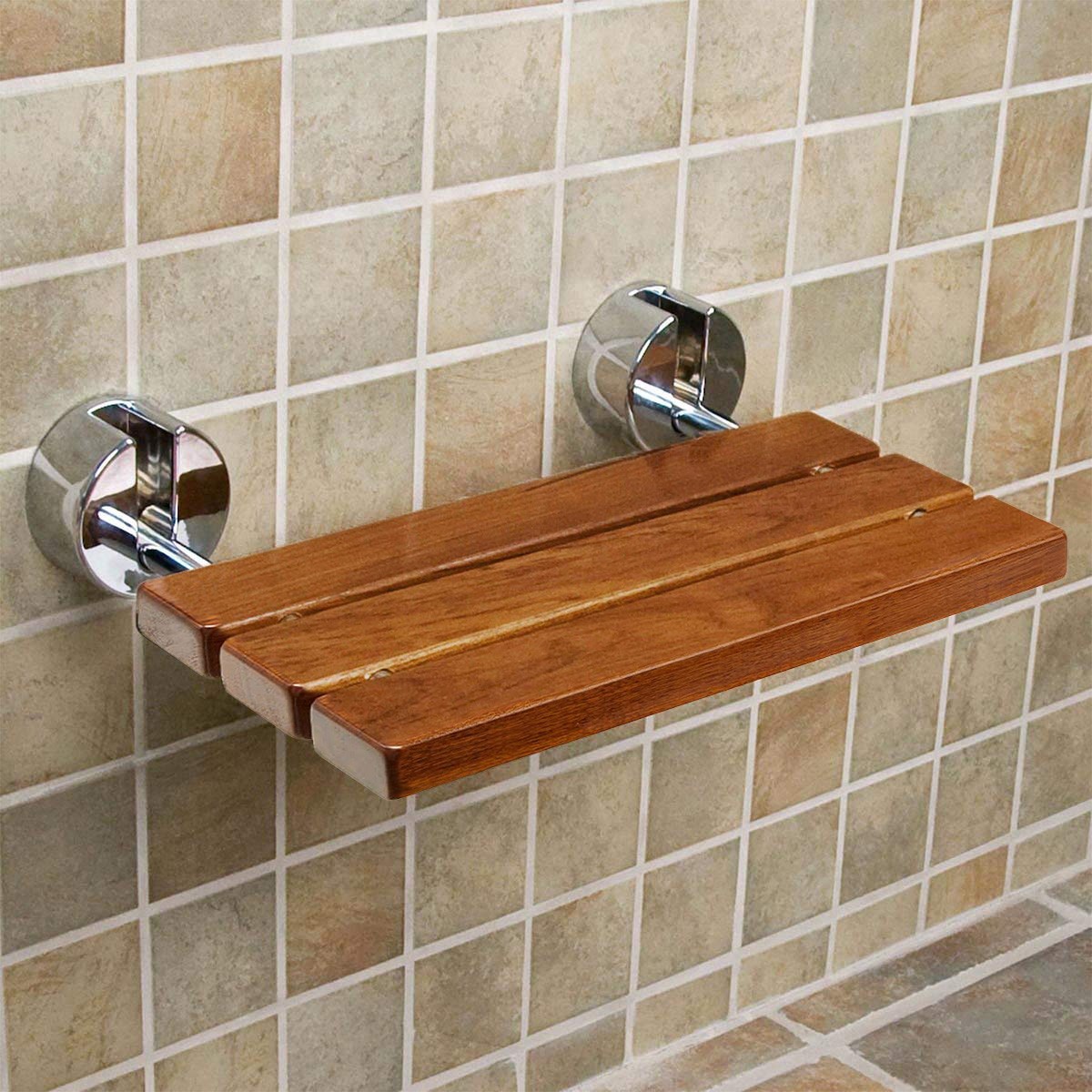 Clevr 20" Teak Modern Folding Shower Seat Bench Clear Coated Medical Wall Mount