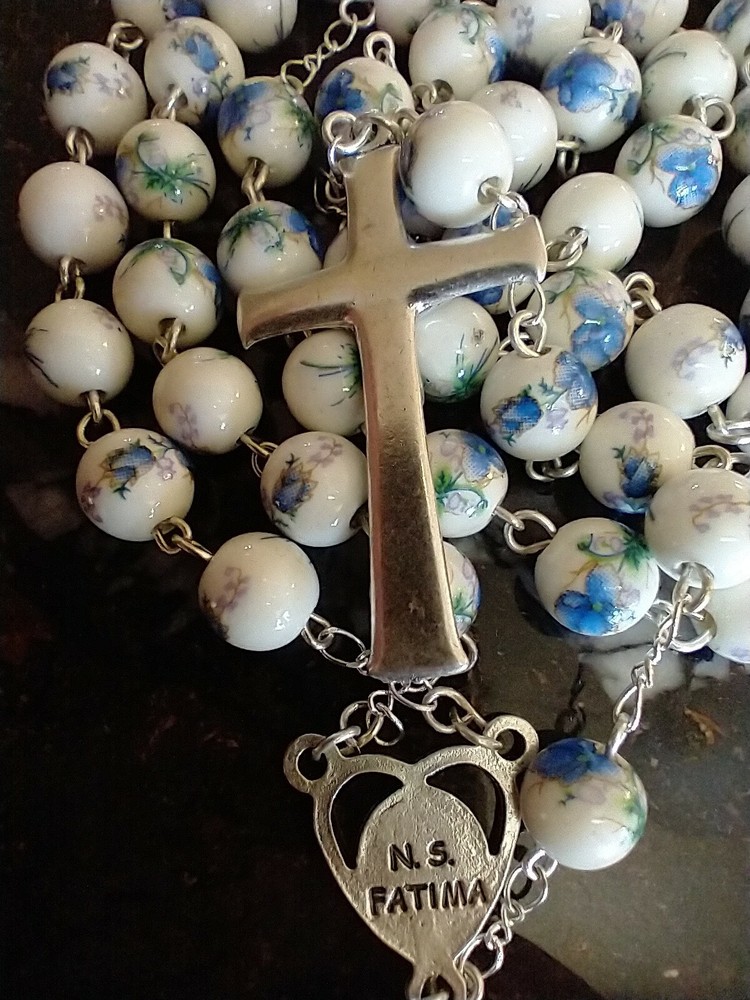 Catholic Ceramic White Blue Floral Rosary
