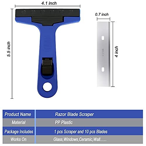 Razor Blade Scraper 4" Scraper Tool with 10 Extra Replacement Metal Blades Glass