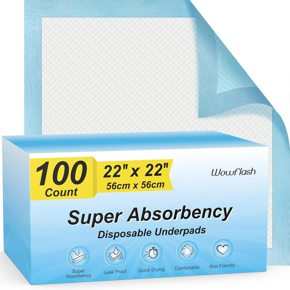 100 Count 22" X 22" Super Absorbency Disposable Underpads, Leakproof Quick