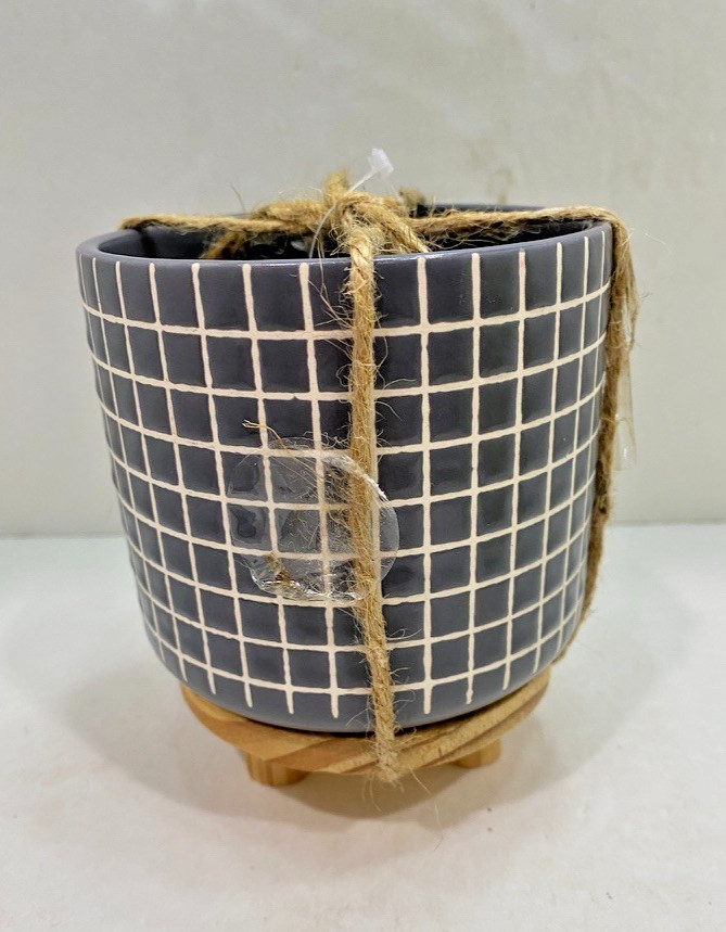 Gray Tiled Checkered Planter with Wooden Base