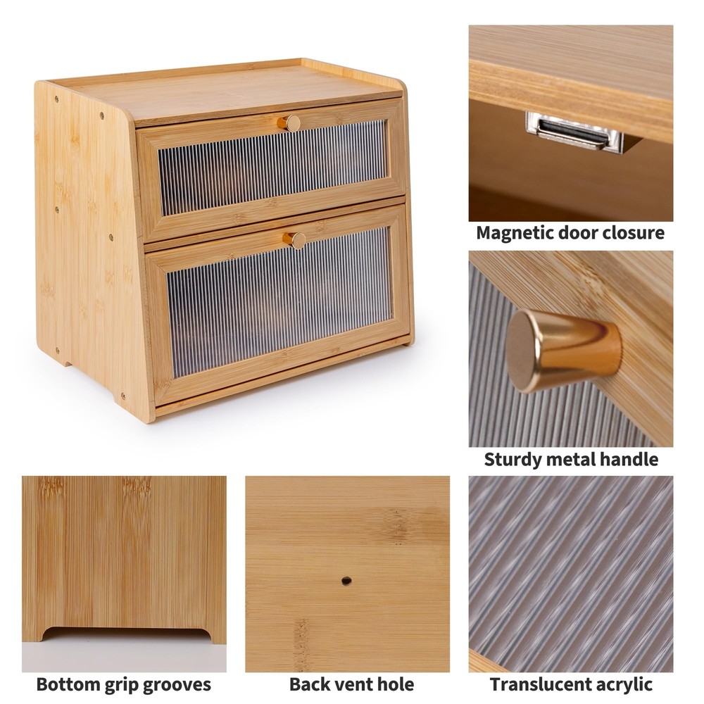 Bamboo Bread Box 2 Layers for Kitchen Counter-Large Capacity Bread Storage Co...