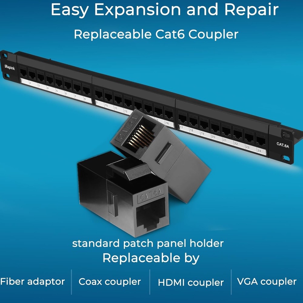 Patch Panel 24 Port Cat6A with Inline Keystone 10G Support, Pass-Thru Coupler...