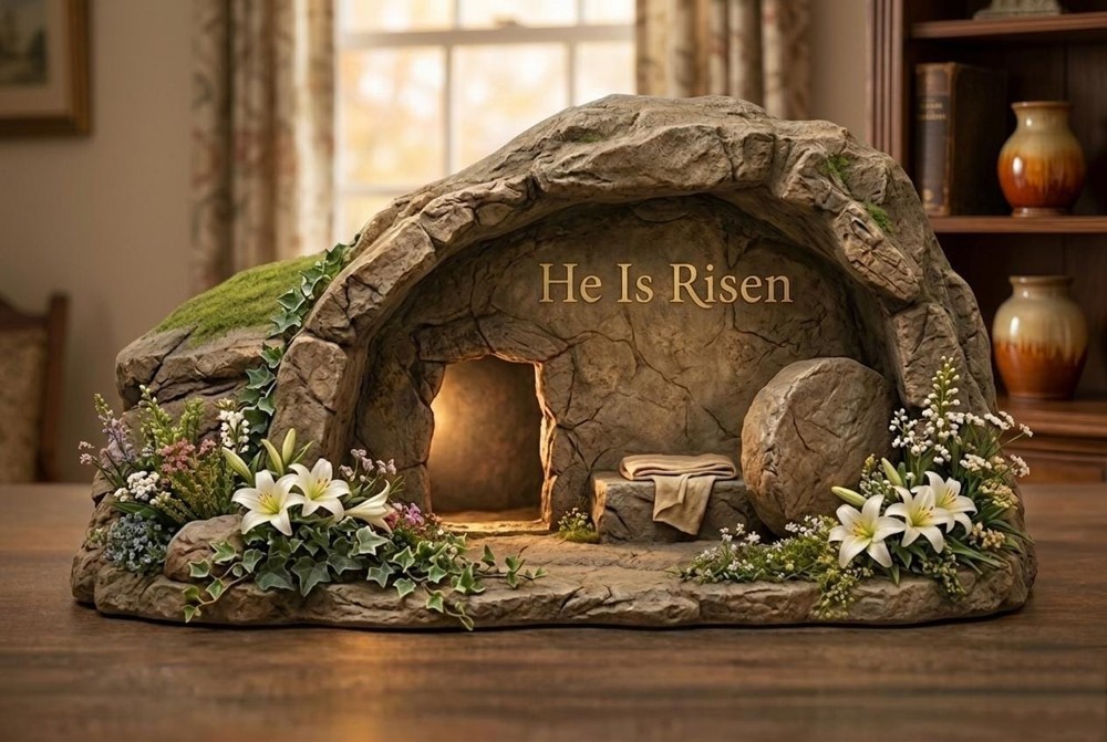 He Is Risen Empty Tomb Resin Figurine – Easter Christian Tabletop Decor