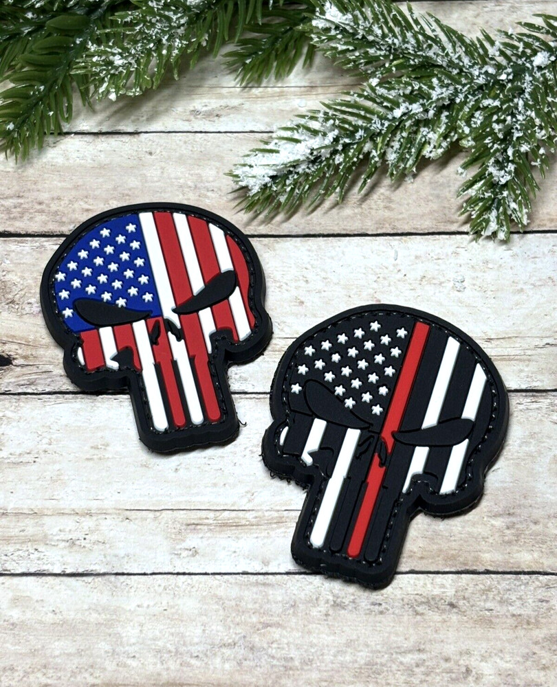 Punisher PVC Patch - Tactical Morale Red White & Blue Flag Patch - Skull Patch