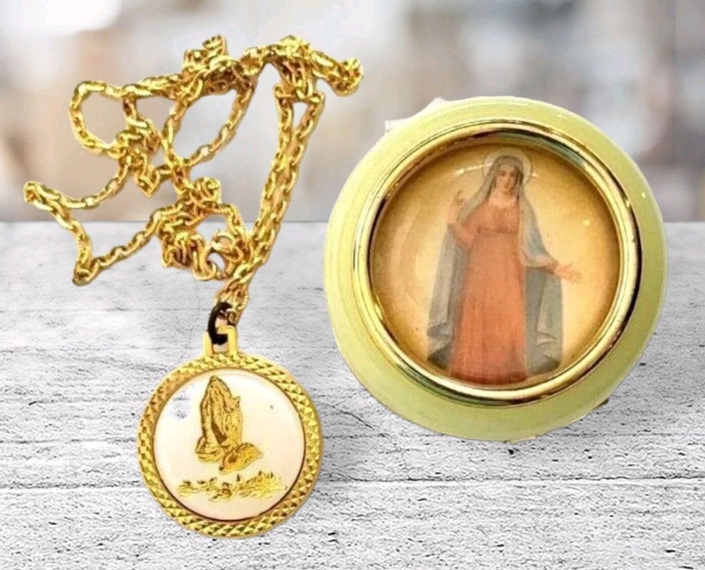 Praying Hands Bubble Glass Medallion & Case Opens Vintage Necklace Rare