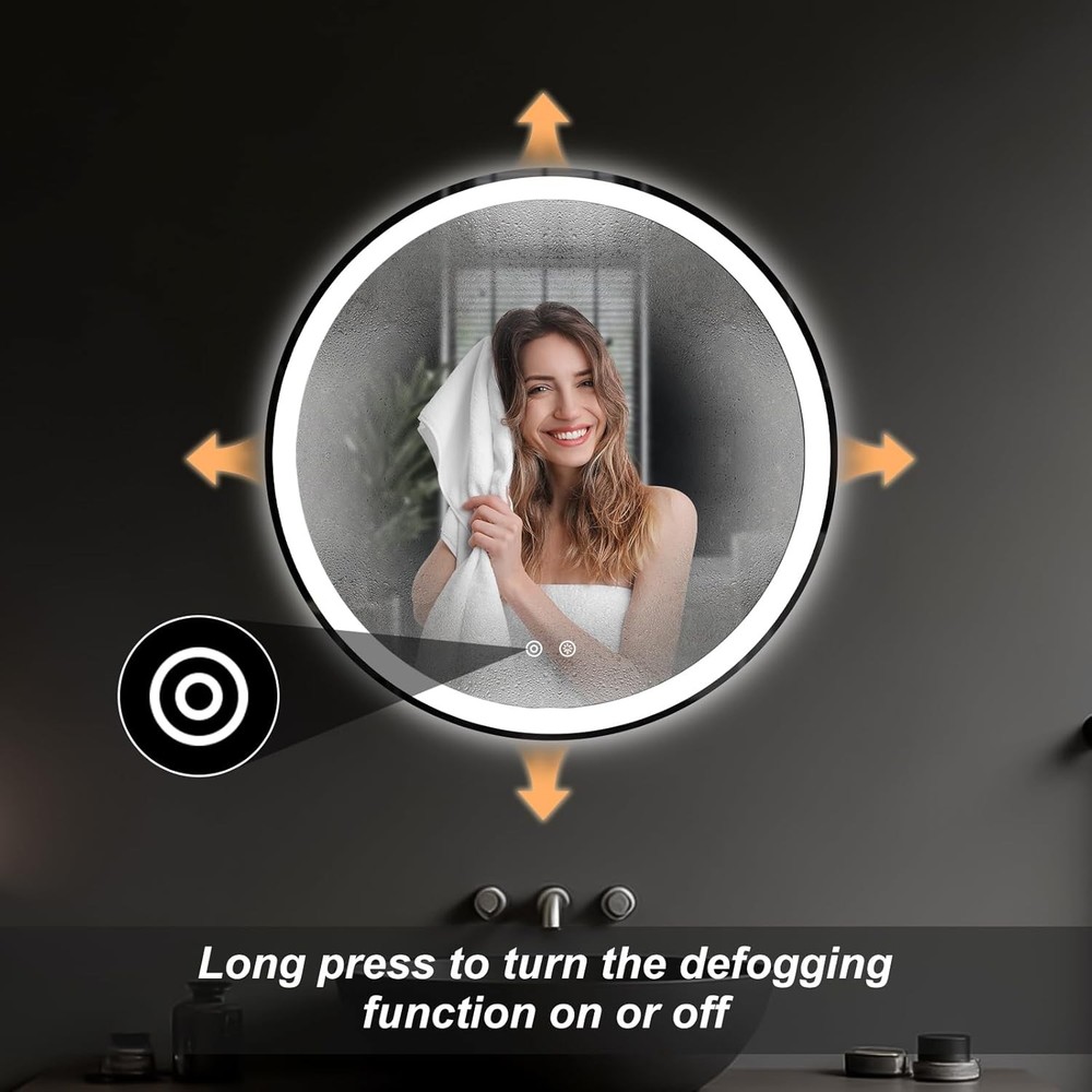 Round LED Bathroom Vanity Mirror,Anti-Fog,Dimmable,3-Color Light,Memory Function