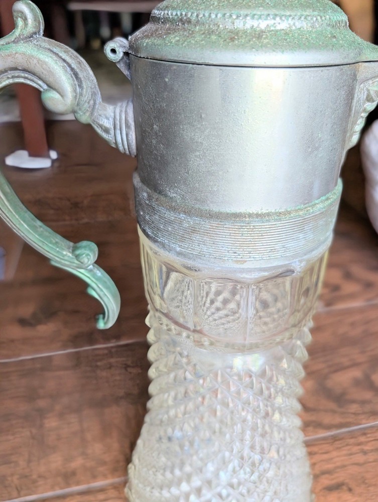 Vintage Crystal Diamond Cut Pattern Pitcher/Decanter Silverplate Hinged Lid