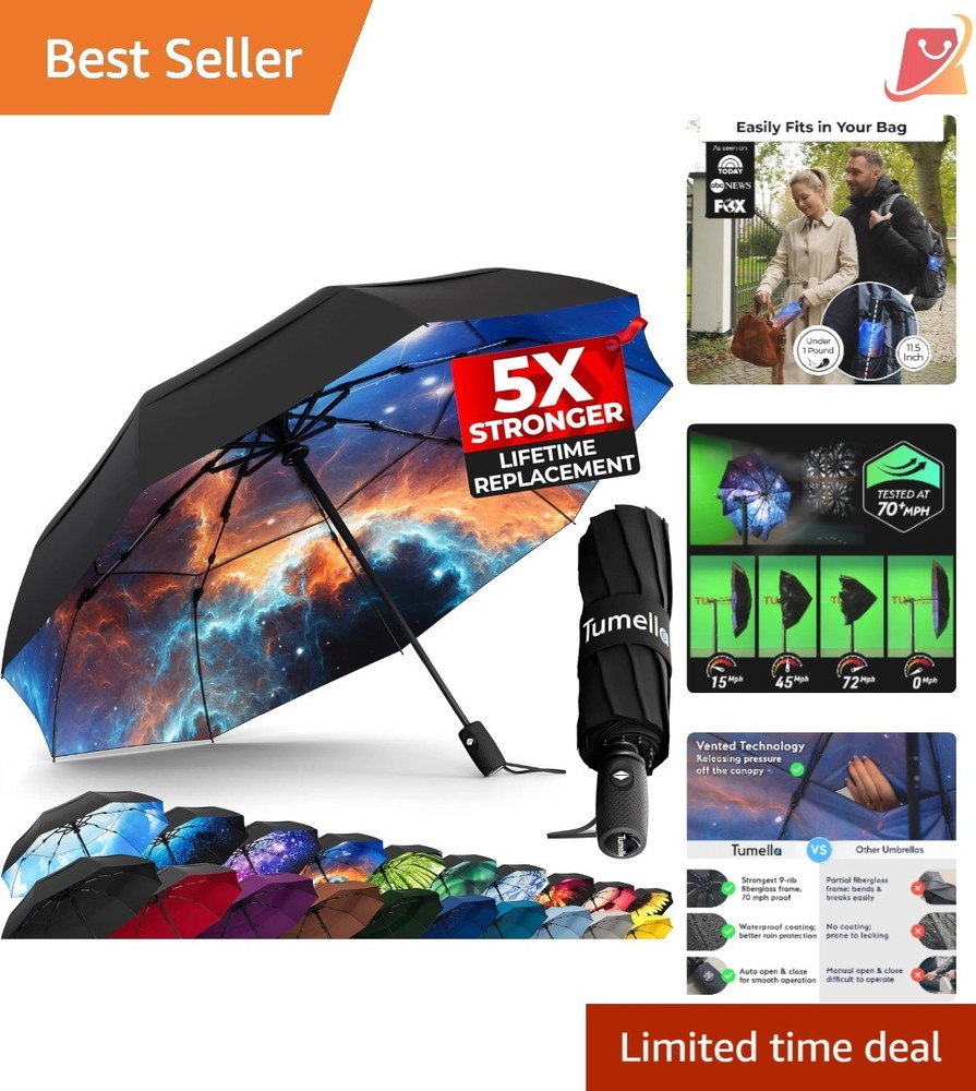 Windproof Travel Umbrella Compact Lightweight Automatic Rain Backpack Car Use