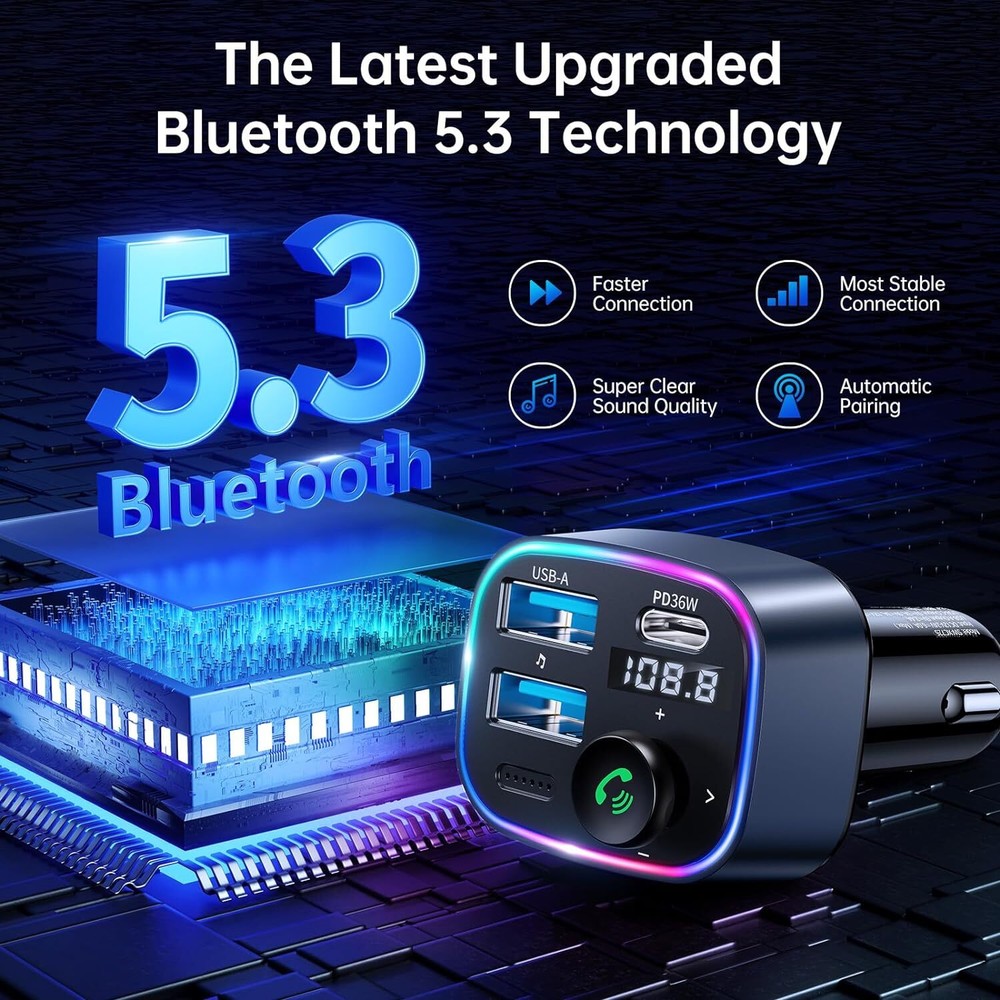 Syncwire Bluetooth 5.3 FM Transmitter Car Adapter 48W(PD 36W & 12W) [Light