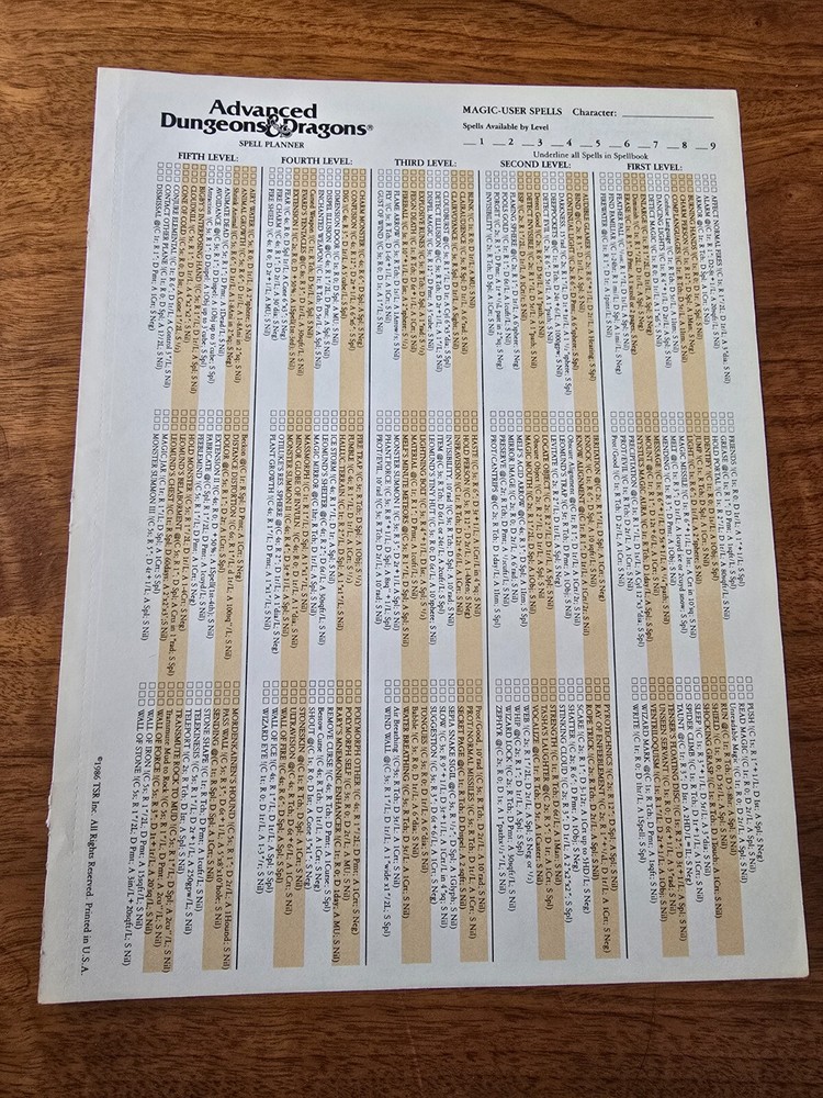 AD&D 1st Edition REF2 Magic-User Spells Sheet Singles TSR