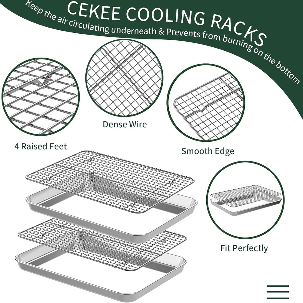 Quarter Sheet Pan with Cooling Rack Set [2 Baking Sheets 12*10*1Inch, Silver