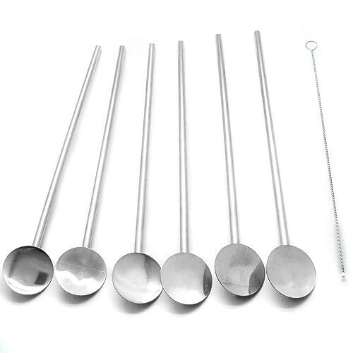 Fine Stainless Steel Reusable Spoon Drink Straw Set Long Spoons / Stirrer