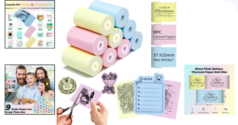 9 Rolls Colorful Thermal Printer Paper - Compatible with Mini Printers, Durable