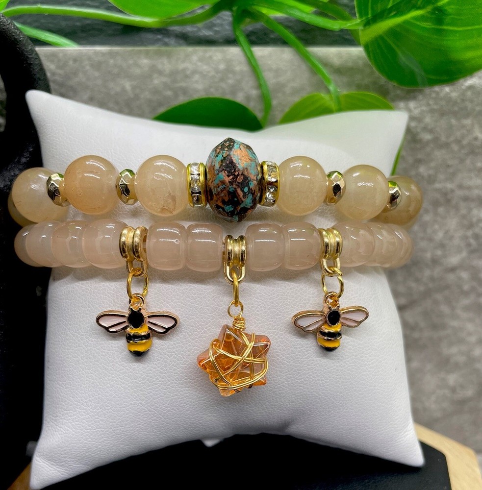 2 PC Handmade Boho Beaded Stackable 6.5” Plus Stretch Bracelet Set New B1347
