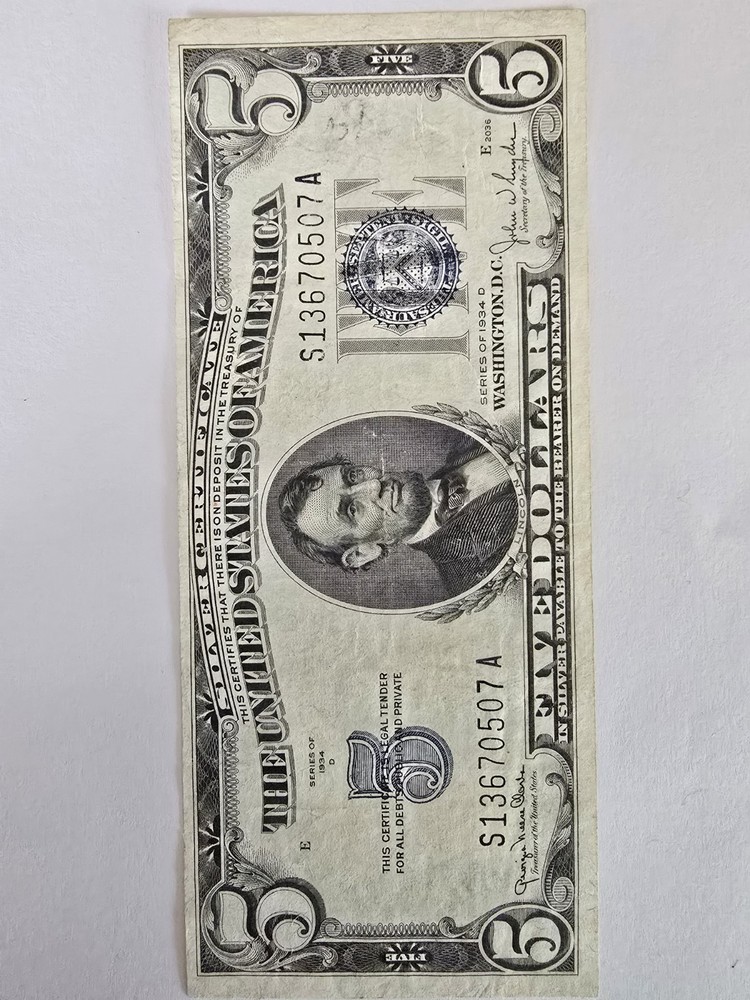 1934-D Silver Certificate $5 Crisp Blue Seal