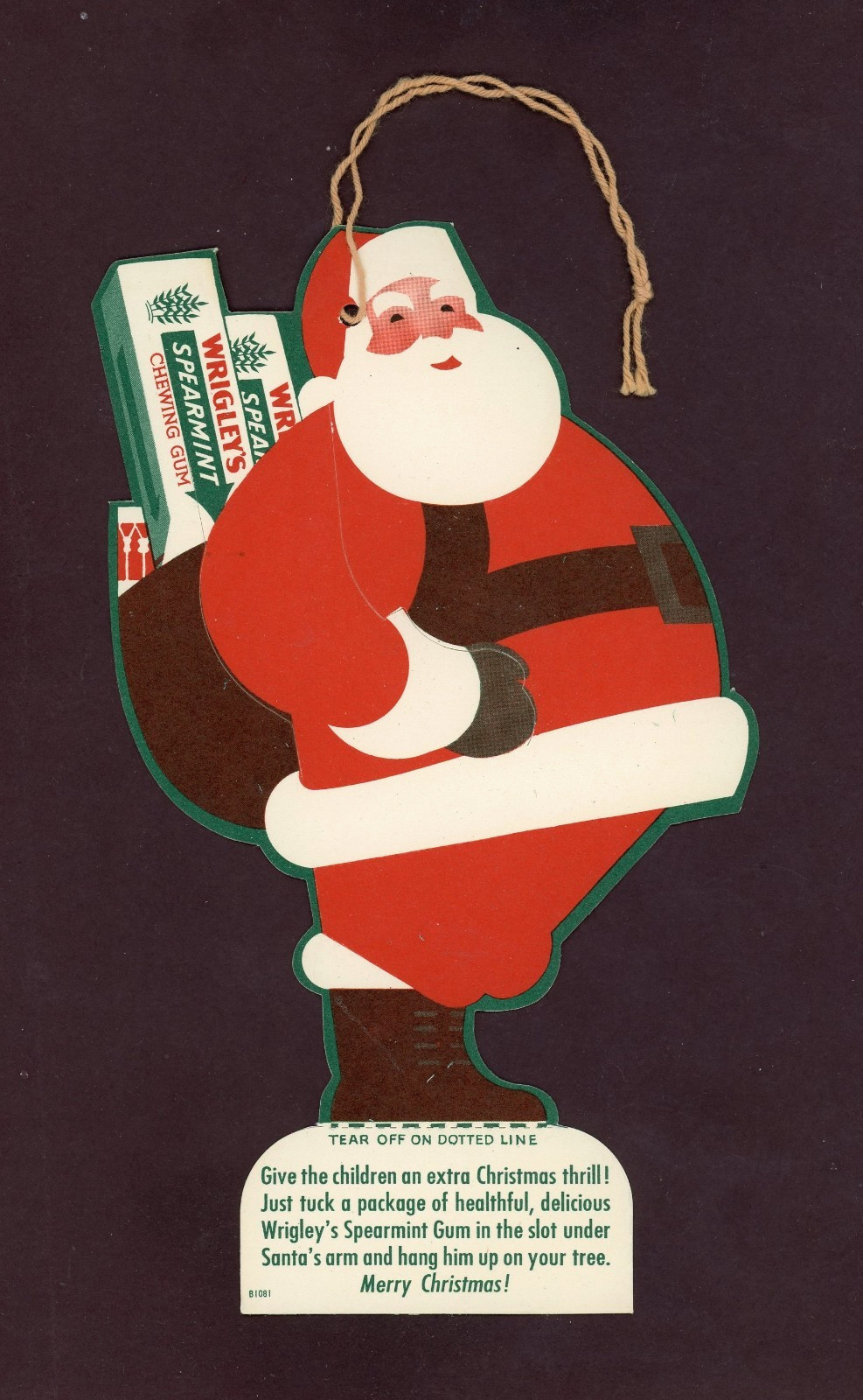 1930's WRIGLEY'S SPEARMINT GUM SANTA CHRISTMAS ORNIMENT, UNUSED, Double Sided