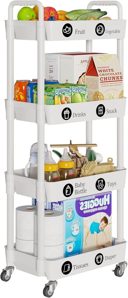 4-Tier Mobile Storage Cart with Lockable Wheels – Versatile Organizer in White