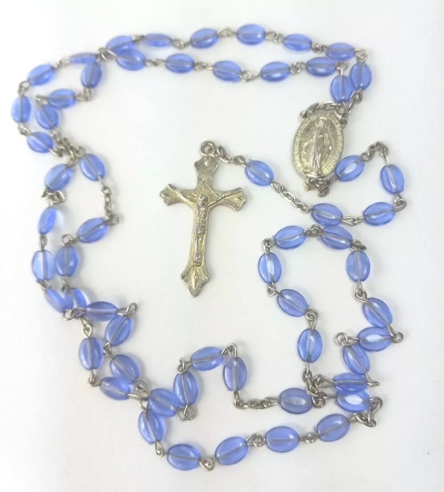 Rosary Cross Crucifix Necklace Pendant Purple Flat Beads Silver Tone 24 Inch