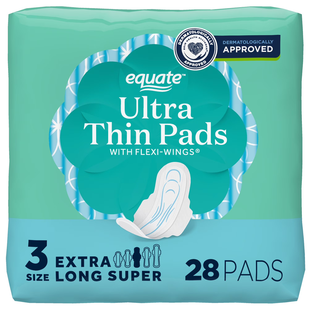 Equate Ultra Thin Pads with Wings, Size 3, Extra Long Super Absorbency, Compare
