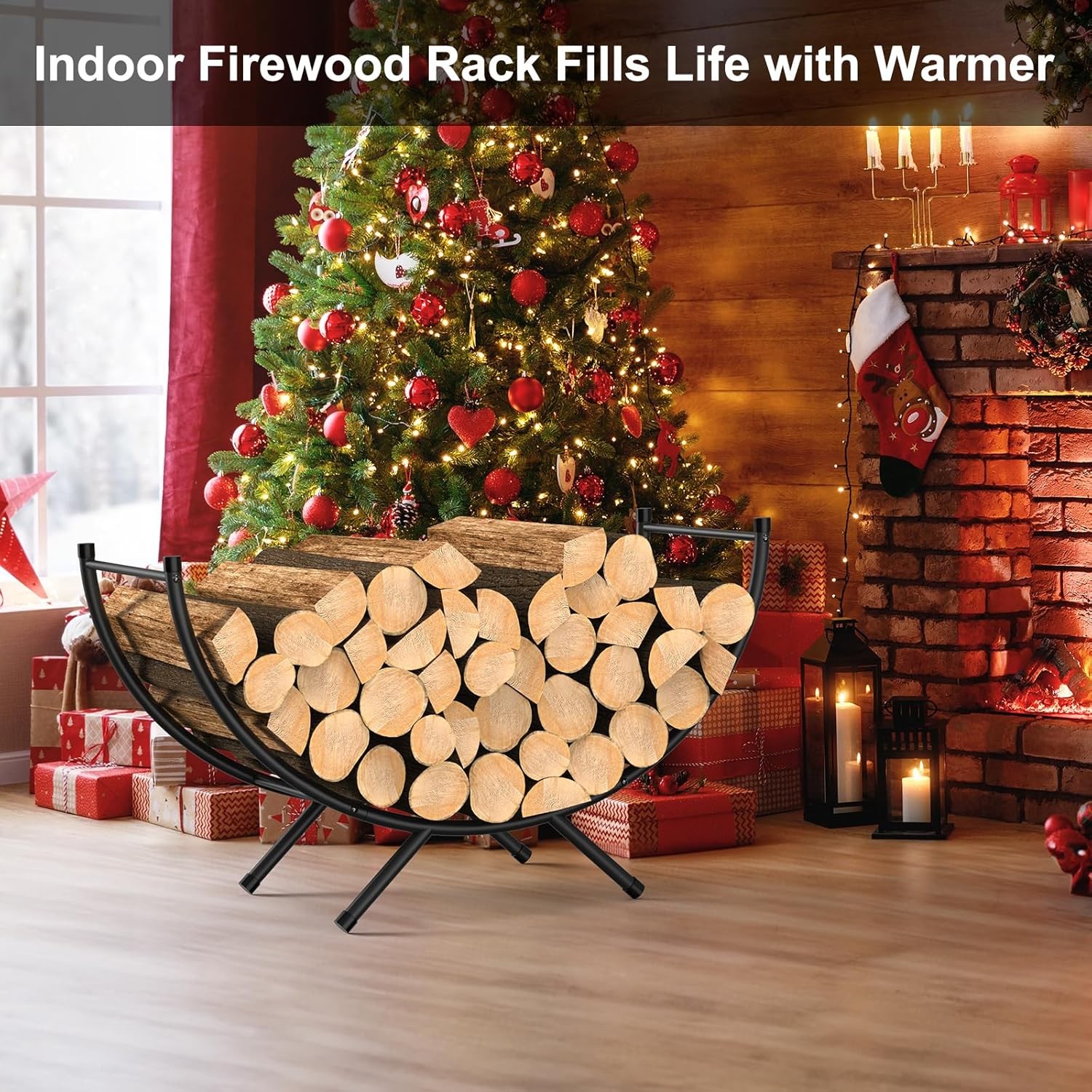 Curved Firewood Rack 33" Heavy Duty Metal Fireplace Log Holder Firewood Storage