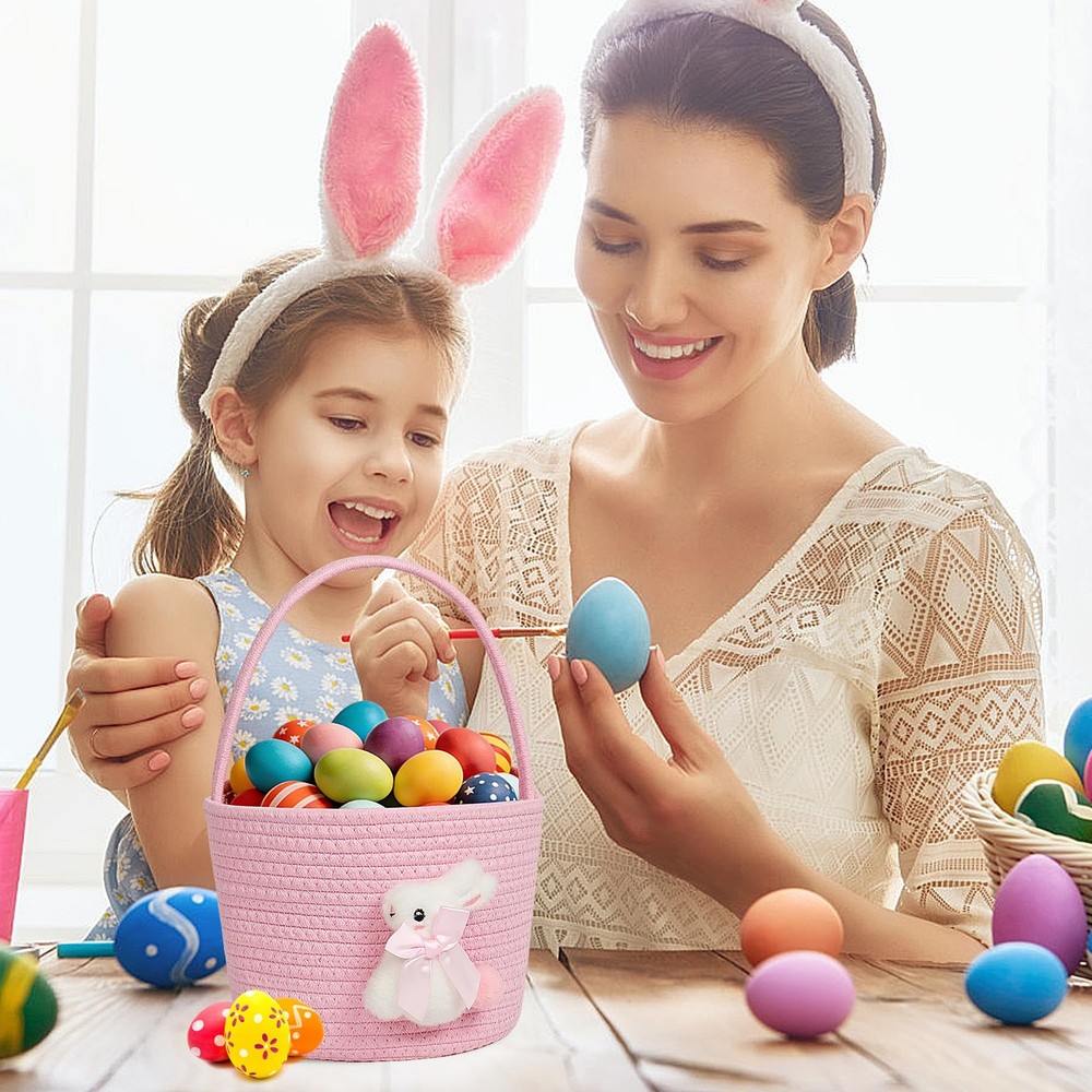 Pink Easter Basket, Bunny Easter Baskets for Kids, Baskets with Handle for Gi...