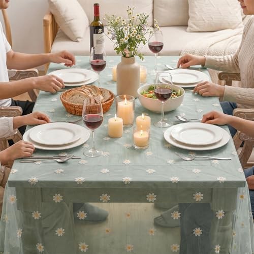 Embroidery Daisy Spring Summer Gauze Tablecloth 60"×84" (Rectangular) Green
