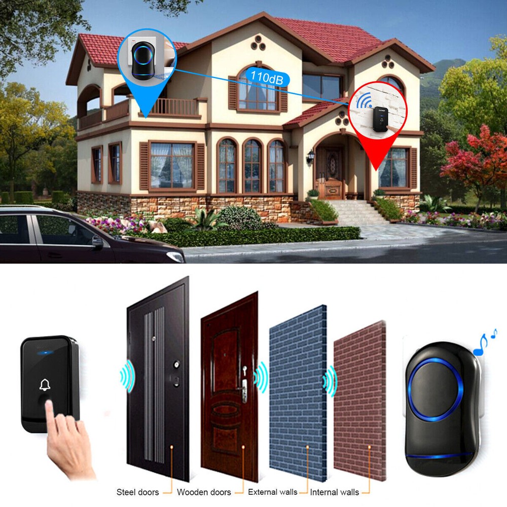 Wireless Doorbell Chime Waterproof Plugin Receiver Adjustable Volume 1000FT Kit
