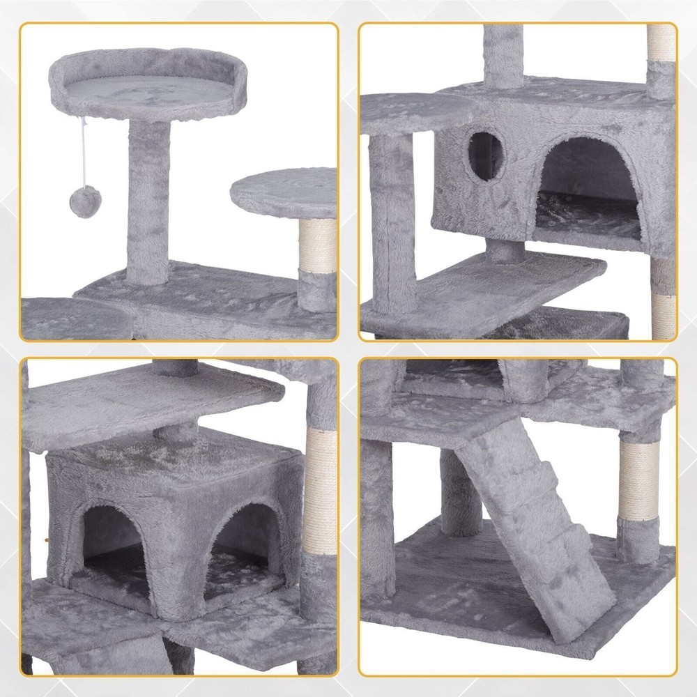 55" Cat Tree Tower Condo Scratching Post Kitten Activity W/3 Perches Light Grey
