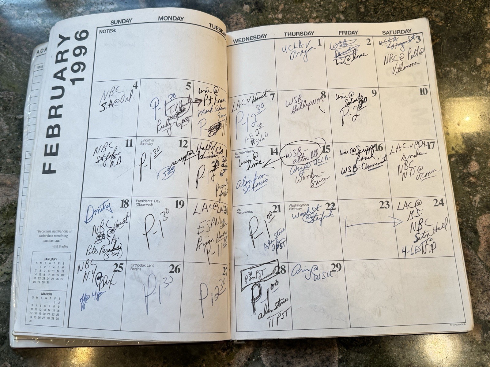 Bill Walton Personally Owned & Signed 1995-1996 NBA Sports Monthly Planner NBC