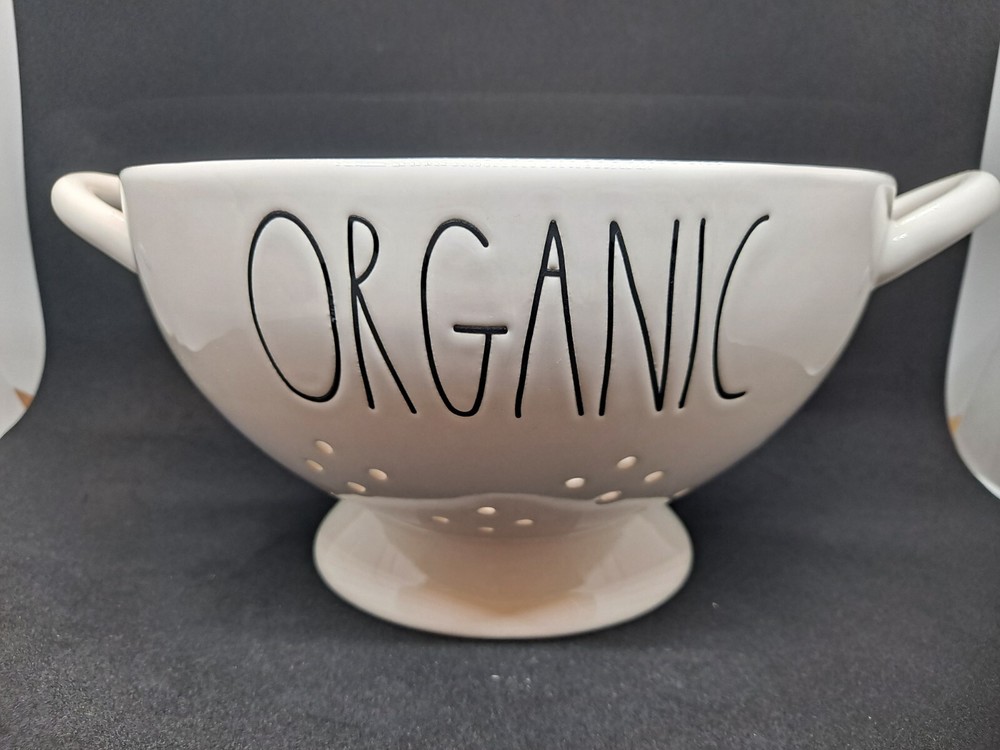 Rae Dunn Colander "Organic" printed on front white ceramic