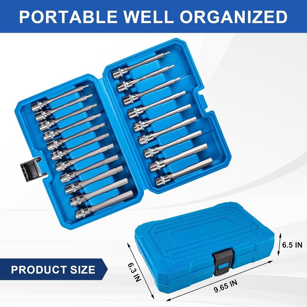 20PCS Extra-Long Allen Hex Bit Socket Set, 3/8 Inch Drive Allen Socket Set, SAE