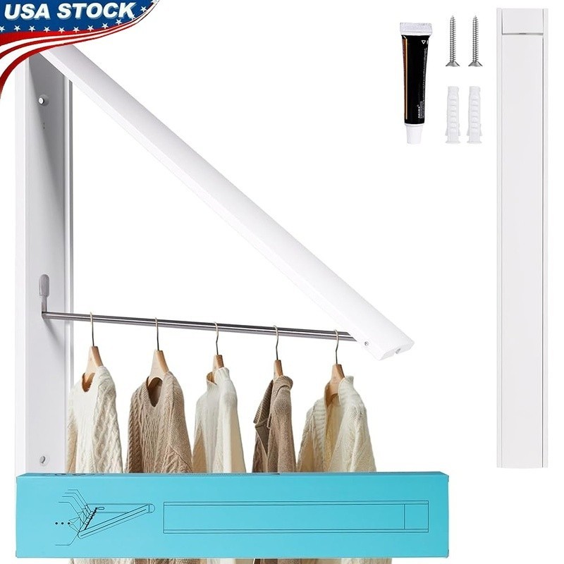 Retractable Clothes Rack Wall Mount Foldable Laundry Hanger Space Saving Storage