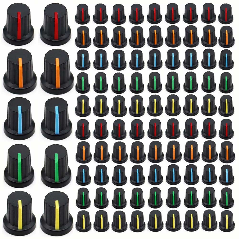 100Pcs 6mm Shaft Hole Plastic Threaded Knurled Potentiometer Knobs Cap KIT 15*15