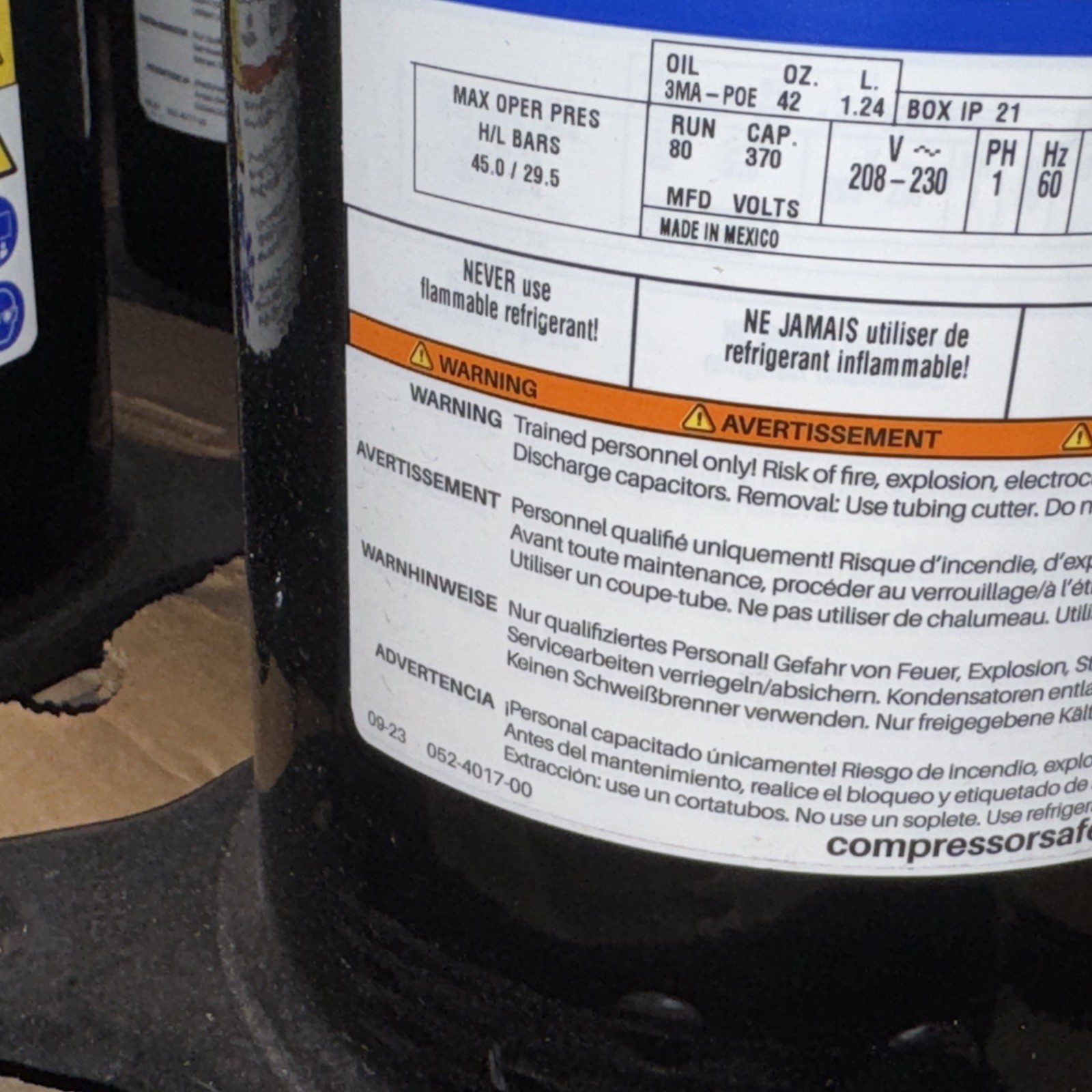 Copeland ZP61K5E-PFV-130 5 Ton A/C Scroll Compressor 230 Volt 1PH