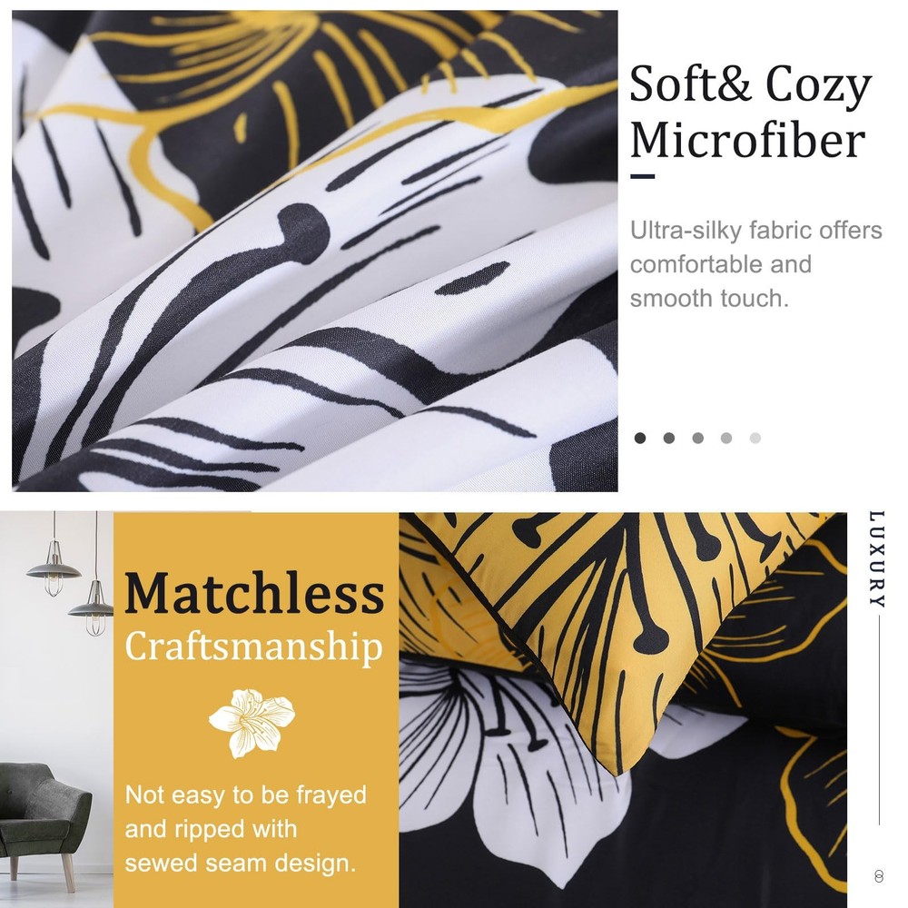 Queen Comforter Set Black/Gold Floral Bedding Comforter Sets Soft Microfiber ...