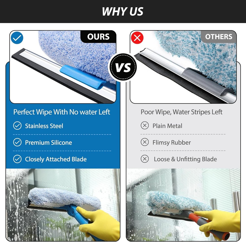 69'' Window Squeegee, 2-In-1 Squeegee Window Cleaning + Scrubber & Rotating Head