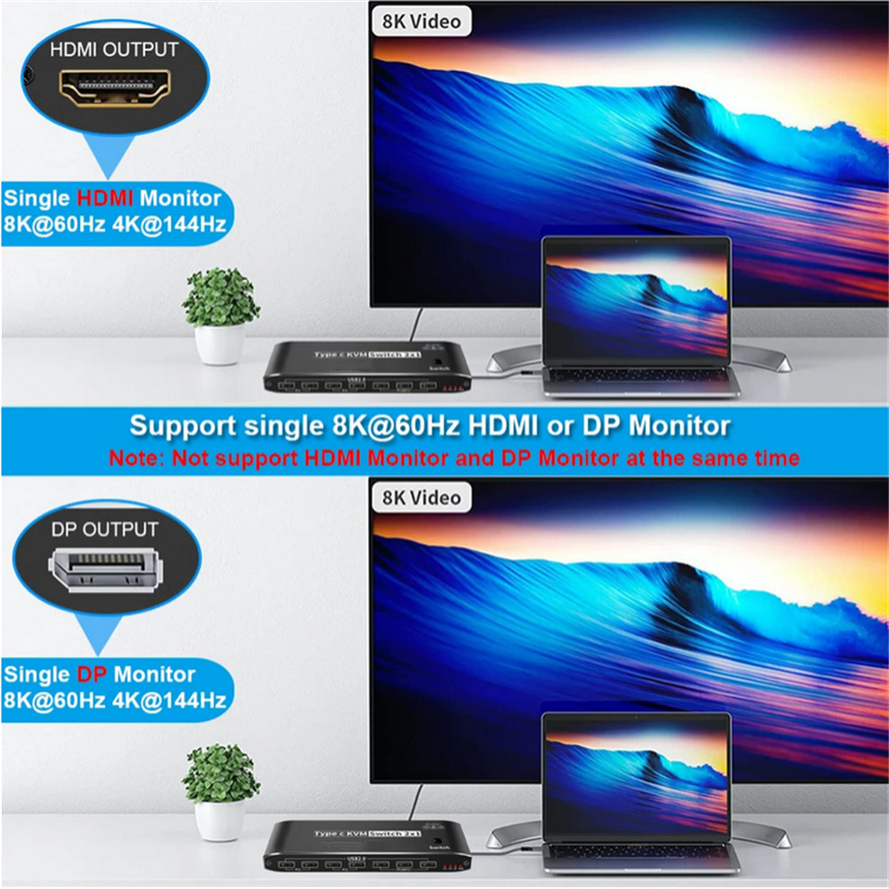 2x1 8K USB C KVM Switch RJ45 100W PD Charge Type C KVM Switch Accessories