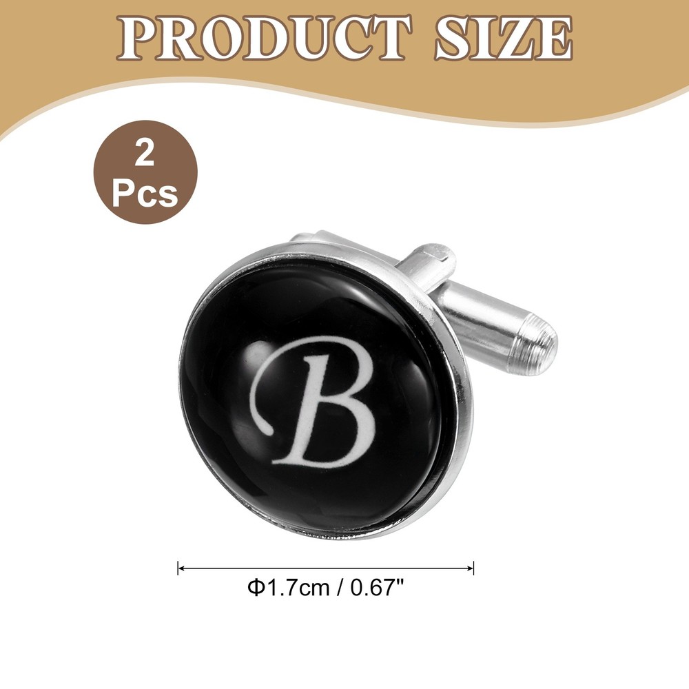2Pcs Initial Cufflinks, Iron Round Letter Cuff Links for Men (Black/White, B)
