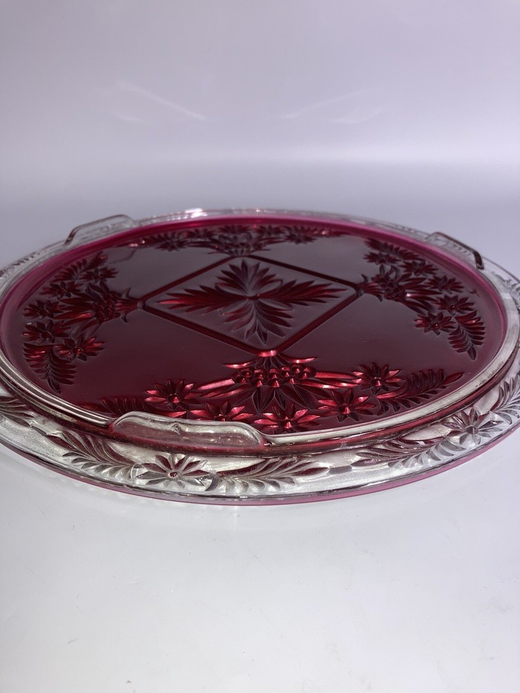 Vintage Mercury Silver Ruby Red Platter Stand Goofus Glass Beautiful